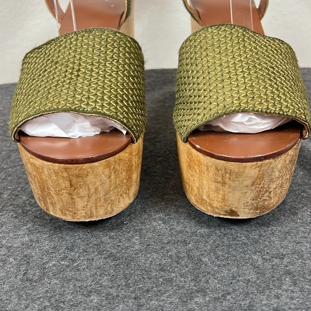 Tory Burch Olive Woven Platform Sandals with Wood-Effect Heel